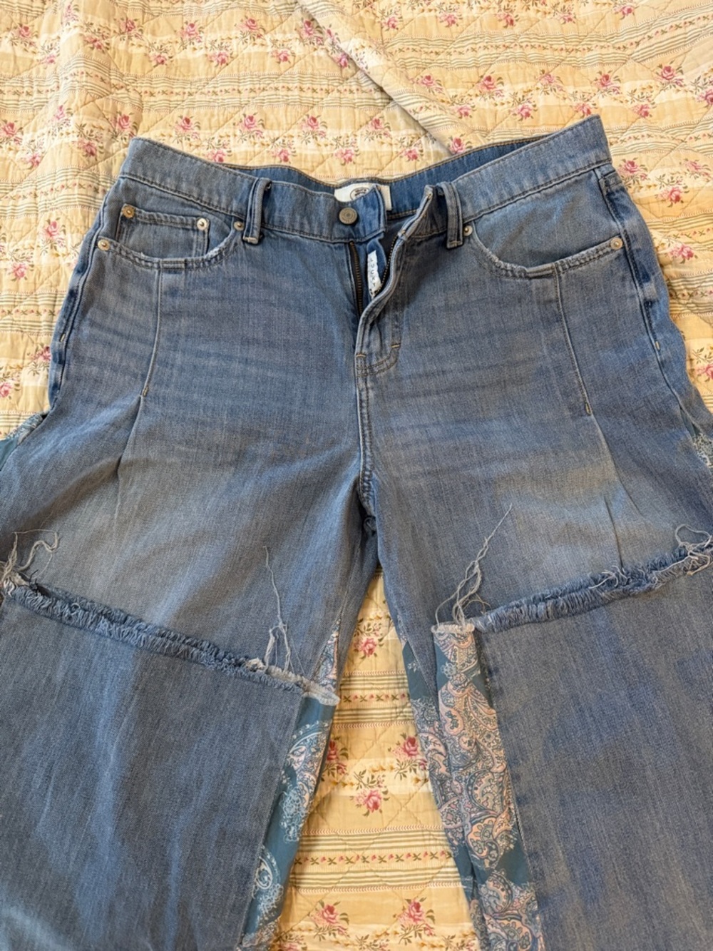 Lucky Brand Laura Ashley Blue Distressed Wide-Leg Jeans with Paisley Panels